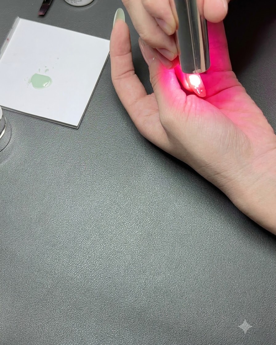 Une main sous une lampe à ongles UV compacte avec une lumière rose polymérisant un ongle détaillé.