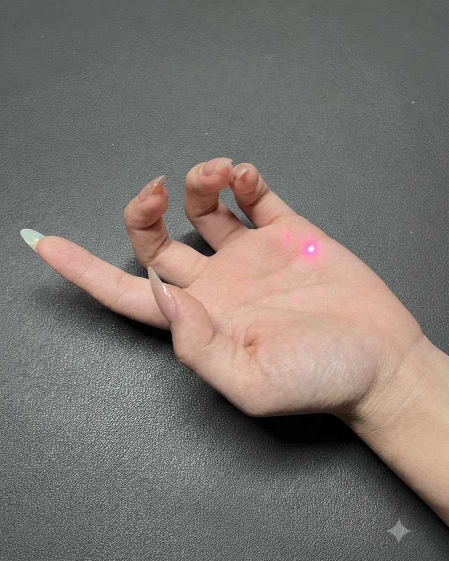 Une main montrant lapplication dun top coat scintillant aurora translucide sur des ongles finis.