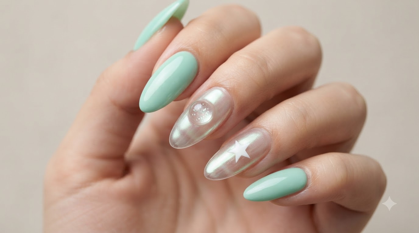 Ongles Vert Menthe et Chrome Aurora Translucide - Tutoriel Étape par Étape