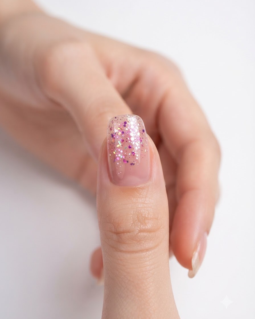 Vue rapprochée dun ongle avec une couche lisse et uniformément répartie de gel pailleté rose.