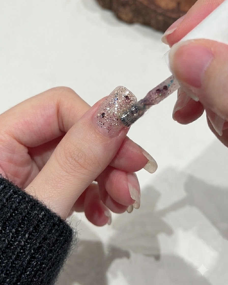 Un pinceau appliquant une deuxième couche de gel pailleté rose sur la couche de paillettes préexistante dun ongle.