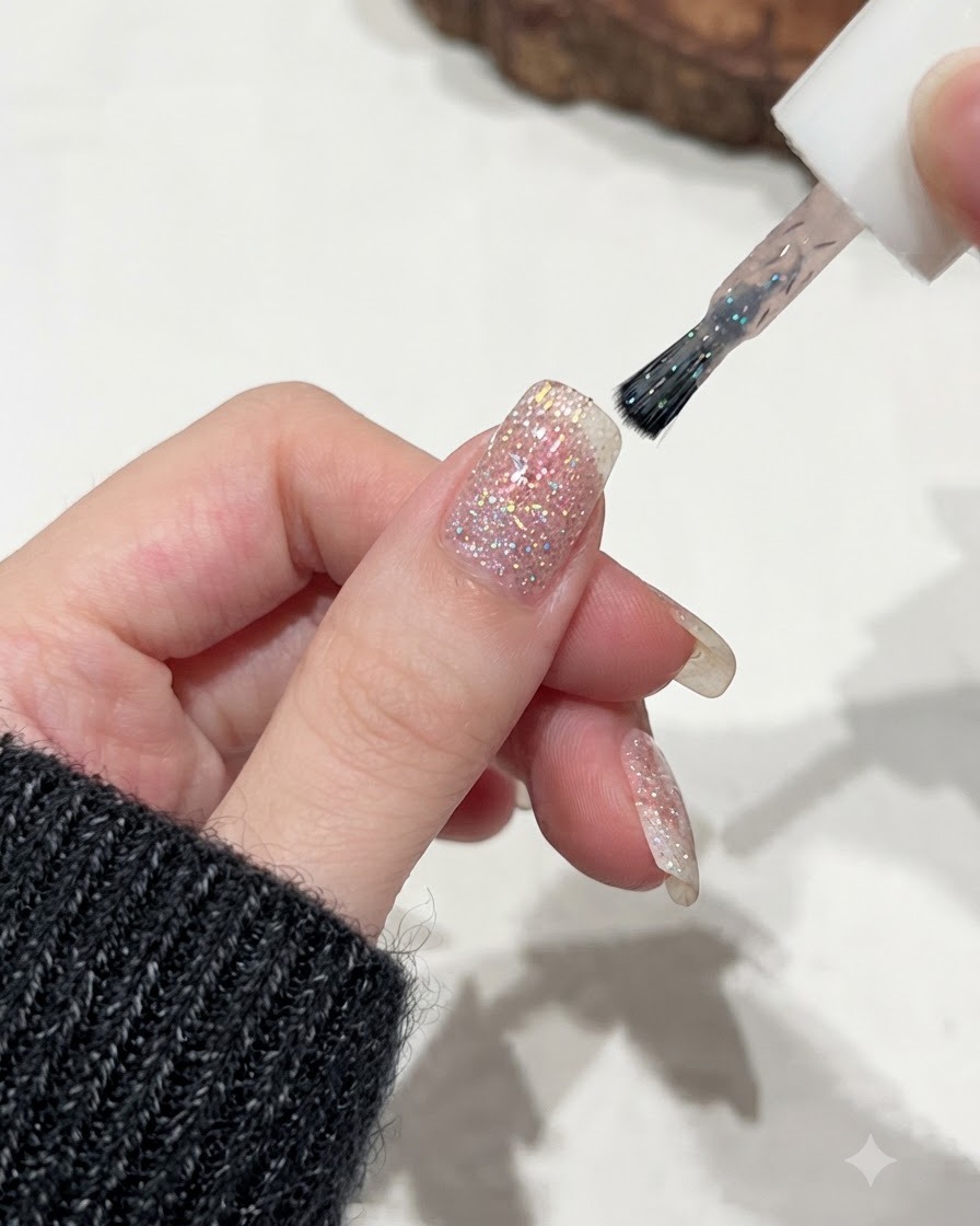 Un pinceau appliquant une couche de gel scintillant et pailleté C62 sur une base dongle pailletée rose.