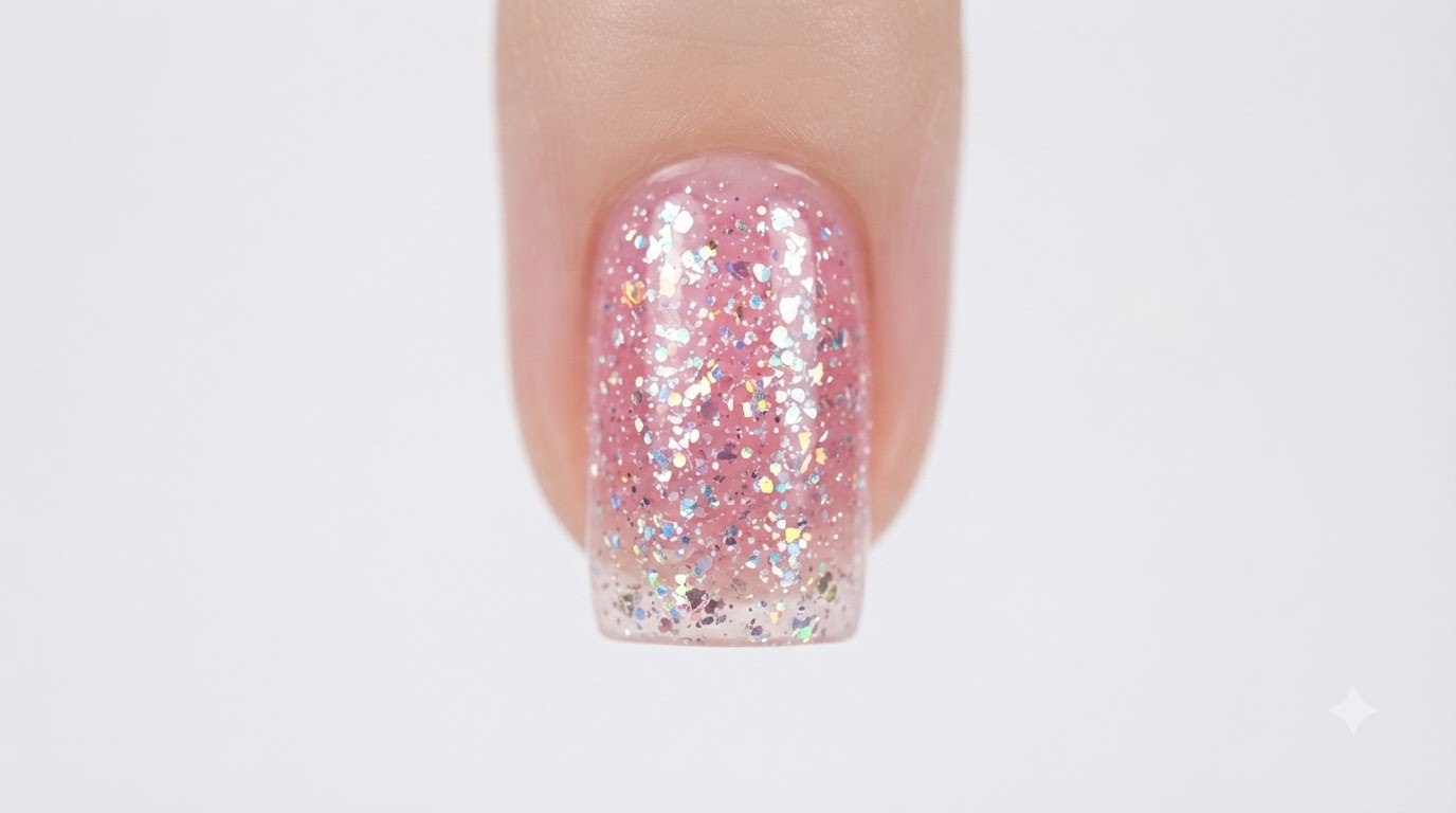 Gros plan macro dun ongle en gel pailleté rose terminé, mettant en valeur des paillettes holographiques et une finition brillante sous un éclairage de studio.