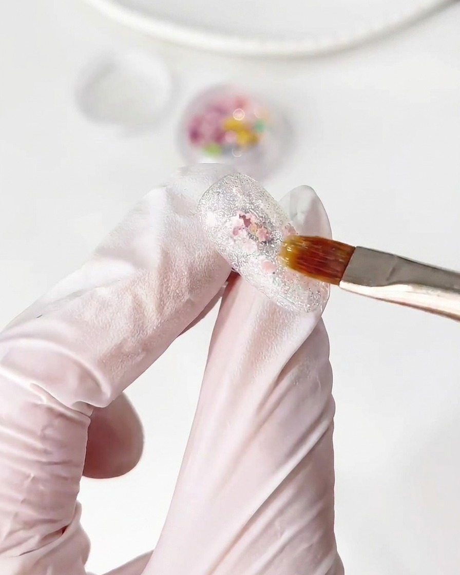 Un pinceau plaçant de petits morceaux de paillettes de fleurs colorées sur une couche de gel de base humide sur un ongle.