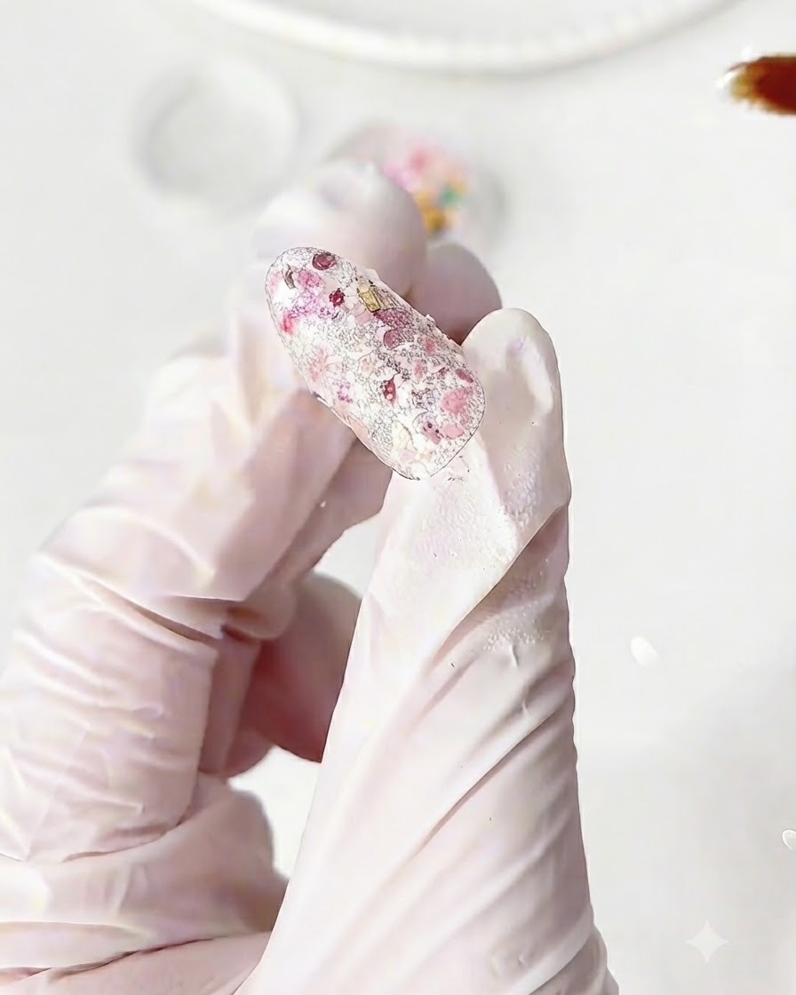 Un ongle décoré entièrement recouvert de flocons de paillettes de fleurs après la pose.