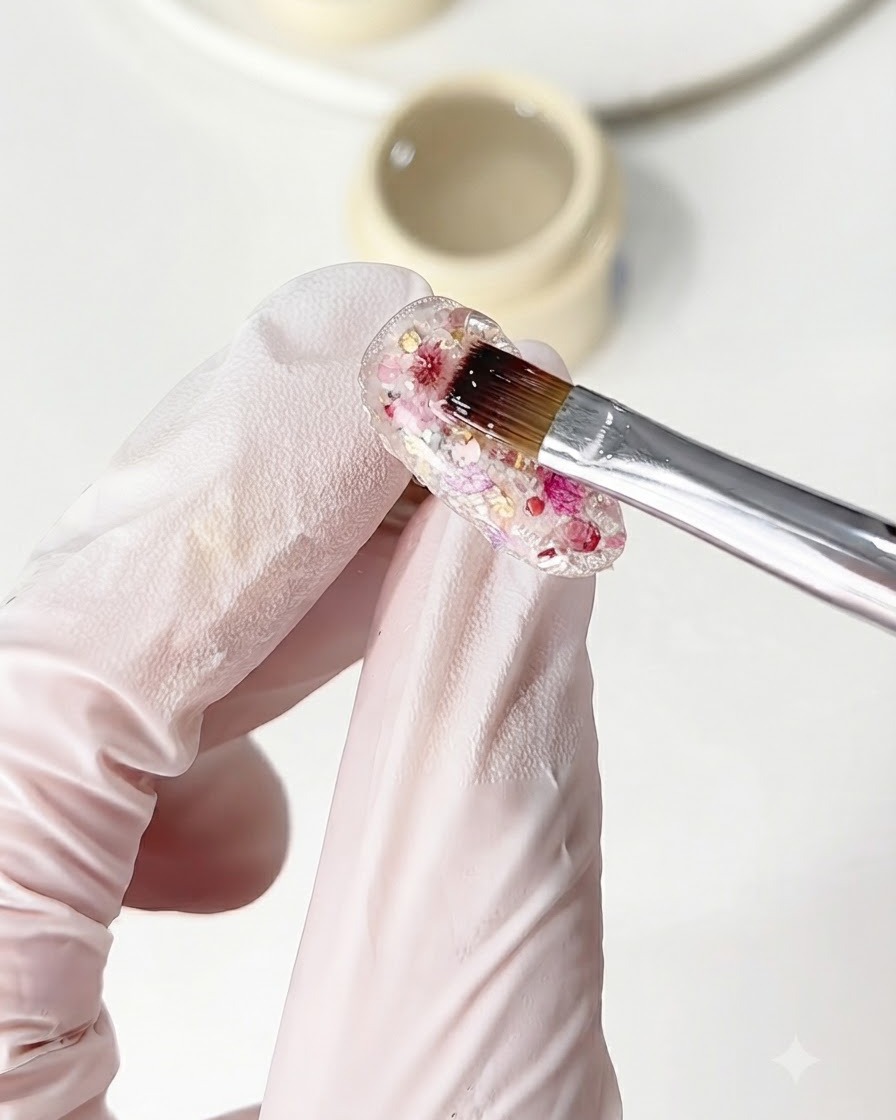 Un pinceau appliquant du gel de construction sur le design dongle texturé de paillettes et de fleurs.