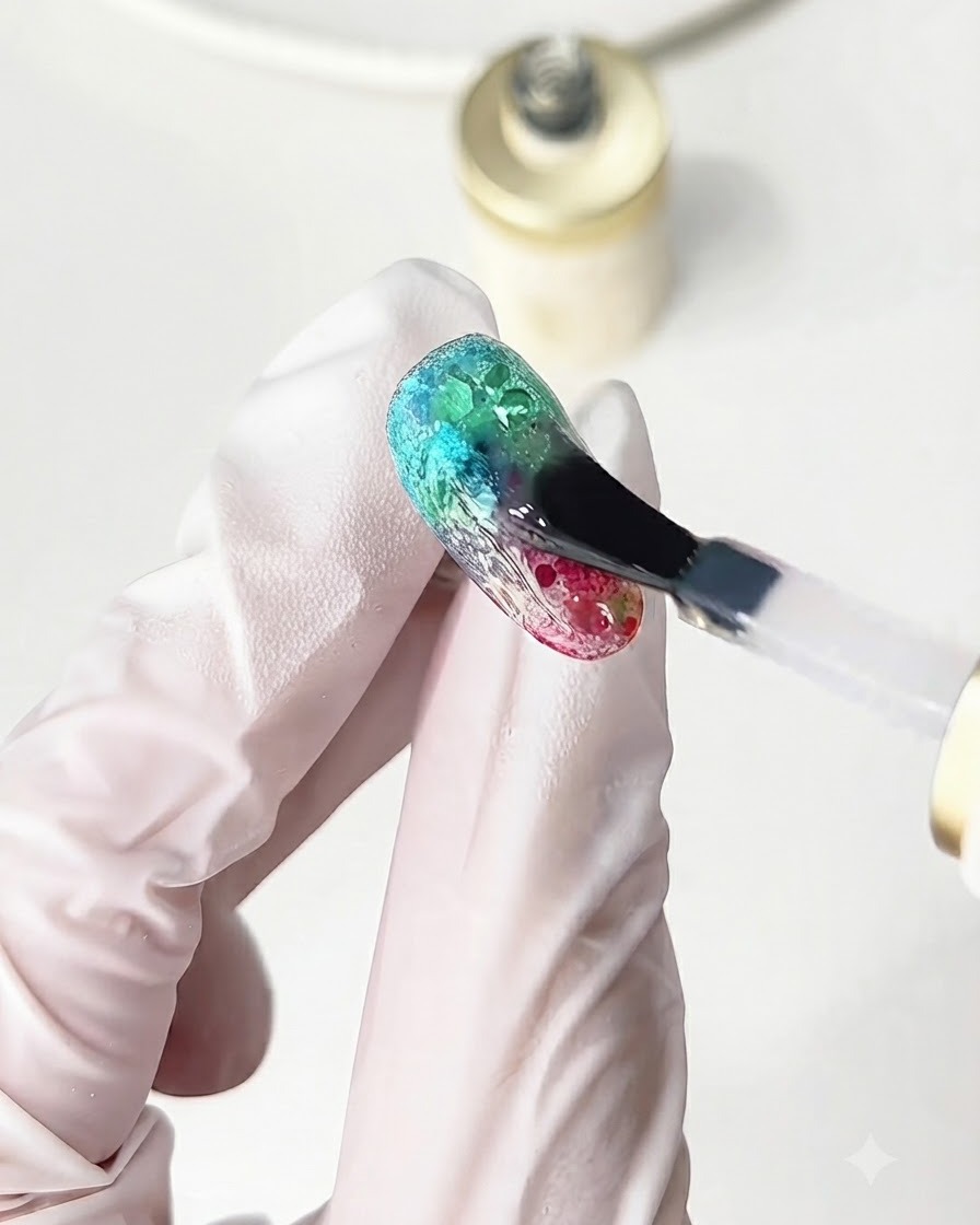 Un pinceau appliquant un top coat brillant sur un design dongle à paillettes effet verre multicolore texturé.