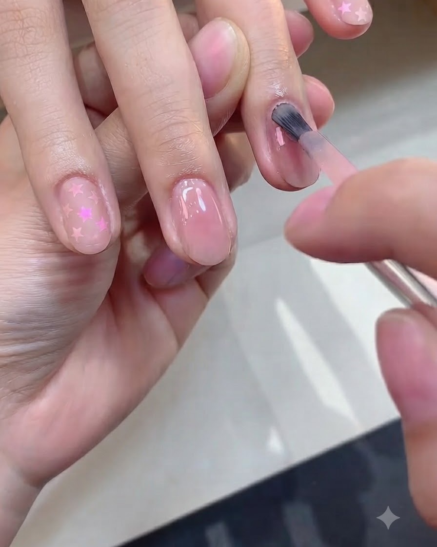 Un pinceau appliquant une seconde couche fine de vernis de couleur nude rosé sur un ongle.