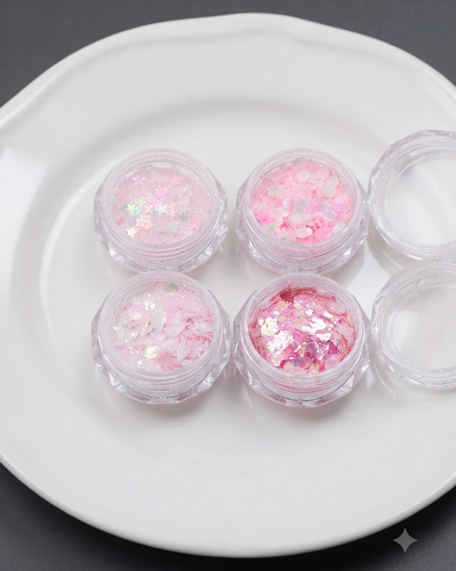 Quatre petits pots remplis de paillettes roses holographiques en forme détoiles, de cœurs, de points et de papillons posés sur une assiette blanche.