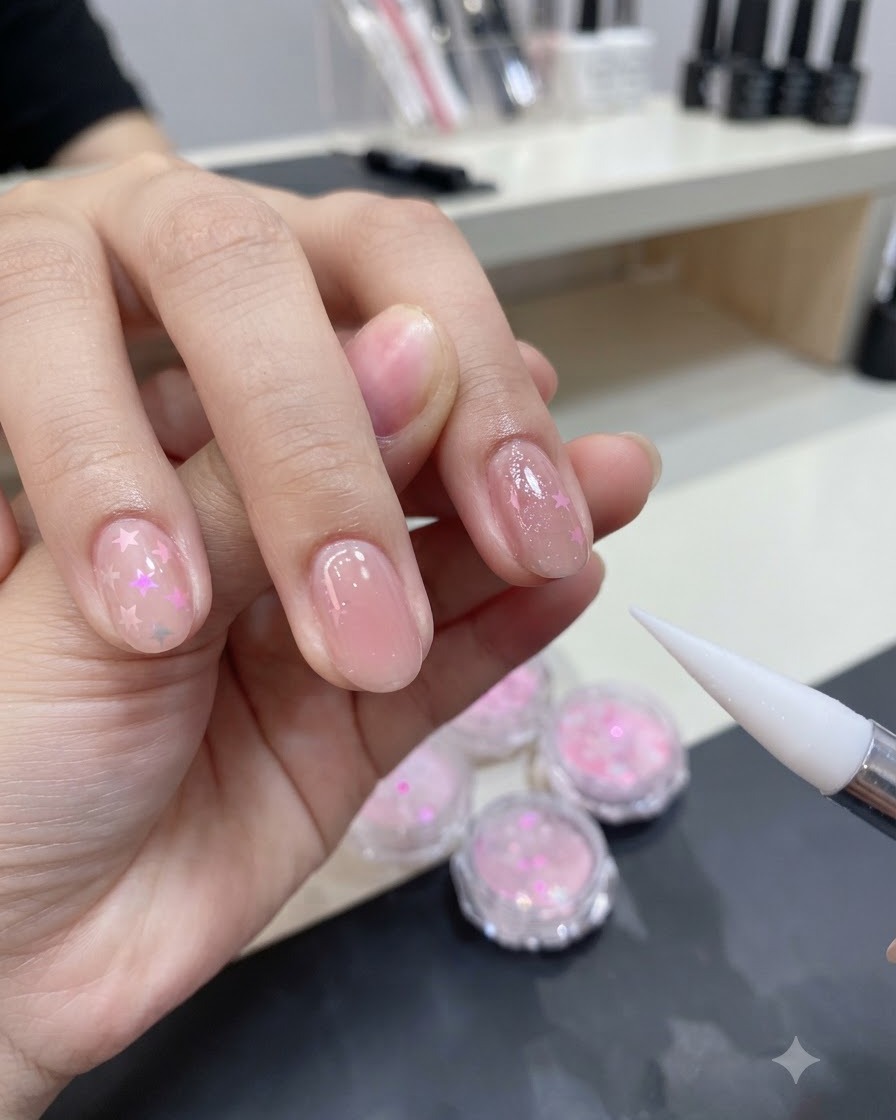Un pinceau de détail appliquant une couche de gel adhésif transparent sur la surface de longle préparée et polie.