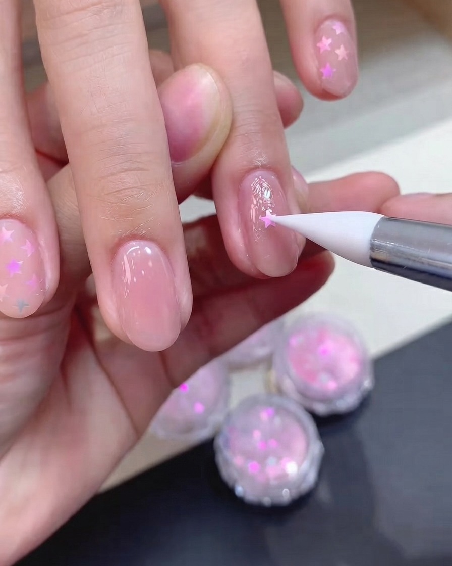 Un outil en silicone posant délicatement une pièce de paillette étoile rose holographique sur un ongle enduit de gel humide.