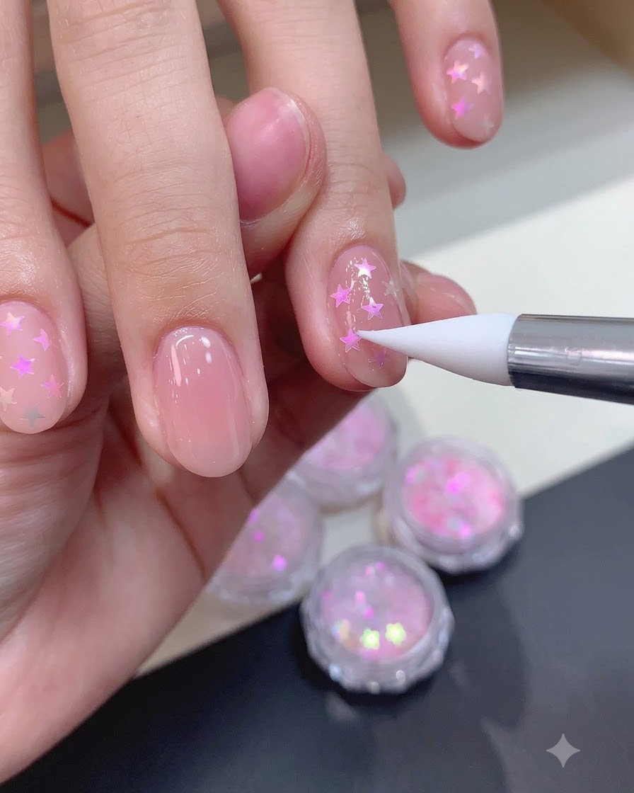 Un outil en silicone lissant des morceaux de paillettes détoiles incurvées sur une surface dongle en gel nude.