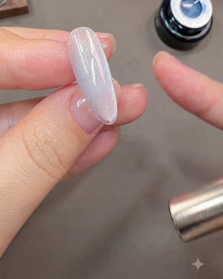 Une vue rapprochée dune main tenant une baguette magnétique à côté dun ongle en gel cat-eye gris-bleu pour façonner un reflet lumineux latéral.
