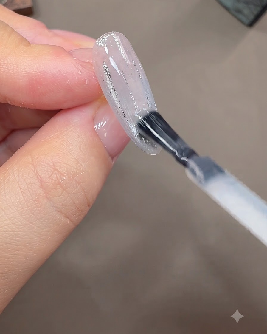 Un pinceau appliquant une fine couche de gel de construction transparent sur une surface dongle décorée.