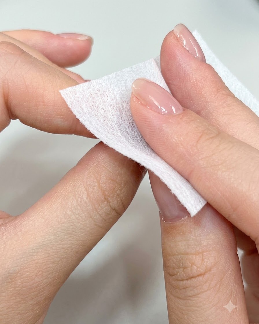 Une main utilisant un carré de cellulose imbibé de nettoyant pour essuyer une surface dongle manucurée brillante.