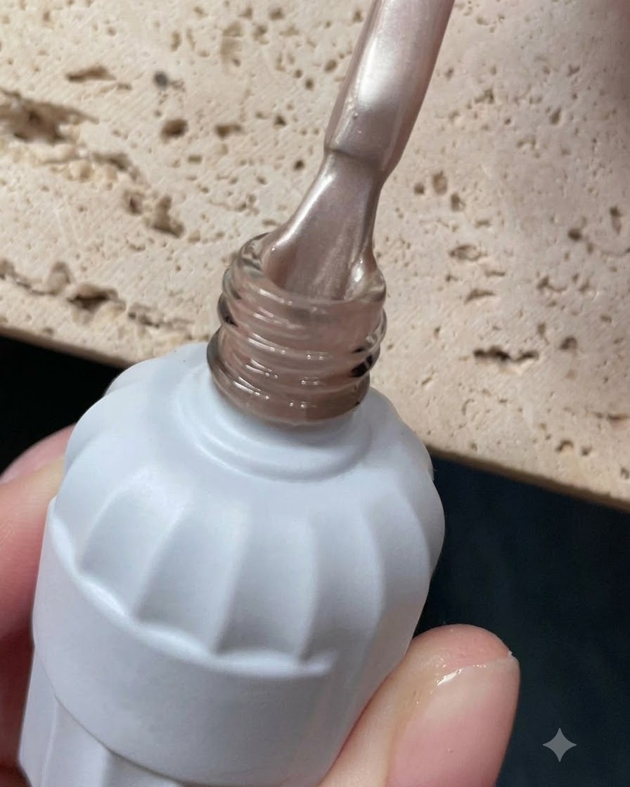 Gros plan sur louverture dun flacon de vernis gel blanc, révélant le pinceau applicateur.