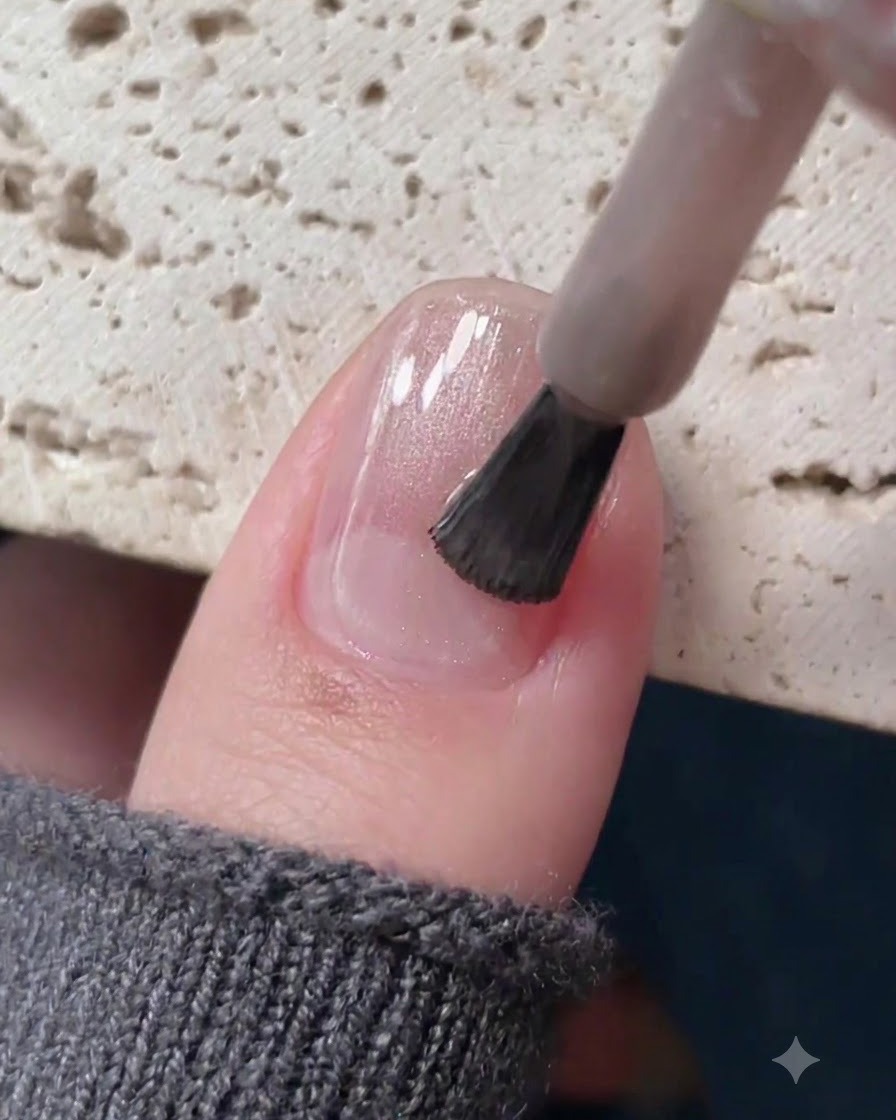 Un pinceau à ongles appliquant du gel cat eye champagne clair transparent sur un ongle préparé.