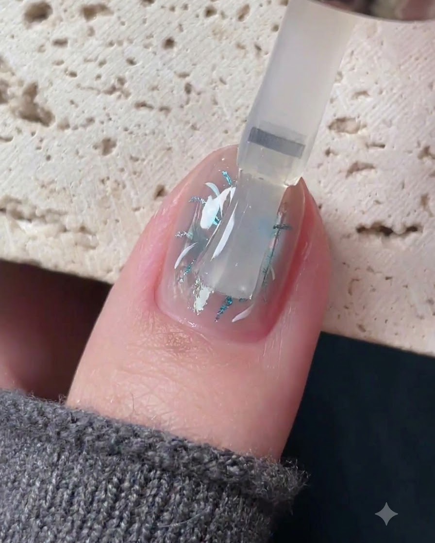 Un pinceau appliquant un top coat transparent autonivelant sur un design de nail art détaillé.