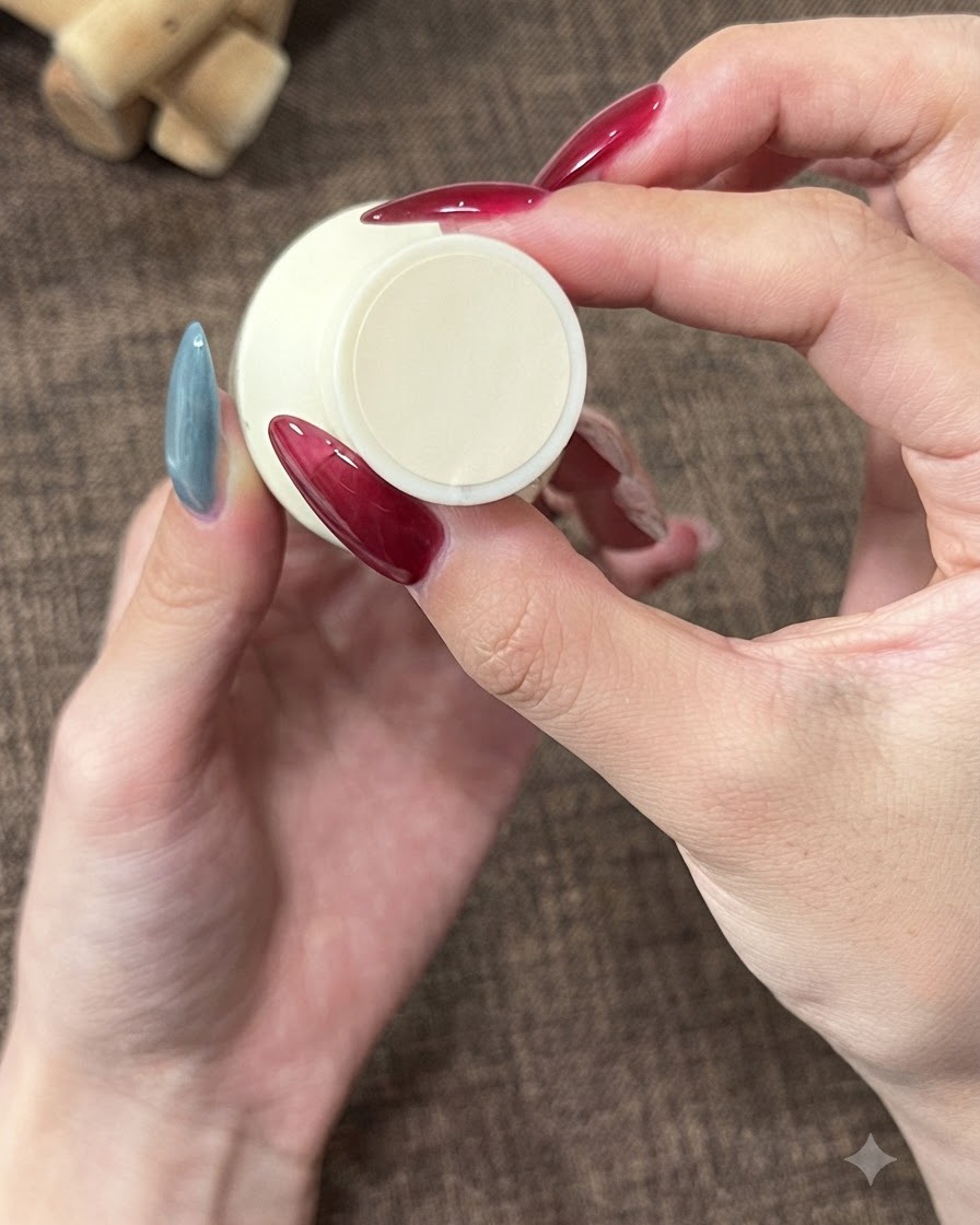 Un gros plan de mains tenant un flacon de vernis gel de couleur crème avec des étiquettes décoratives.