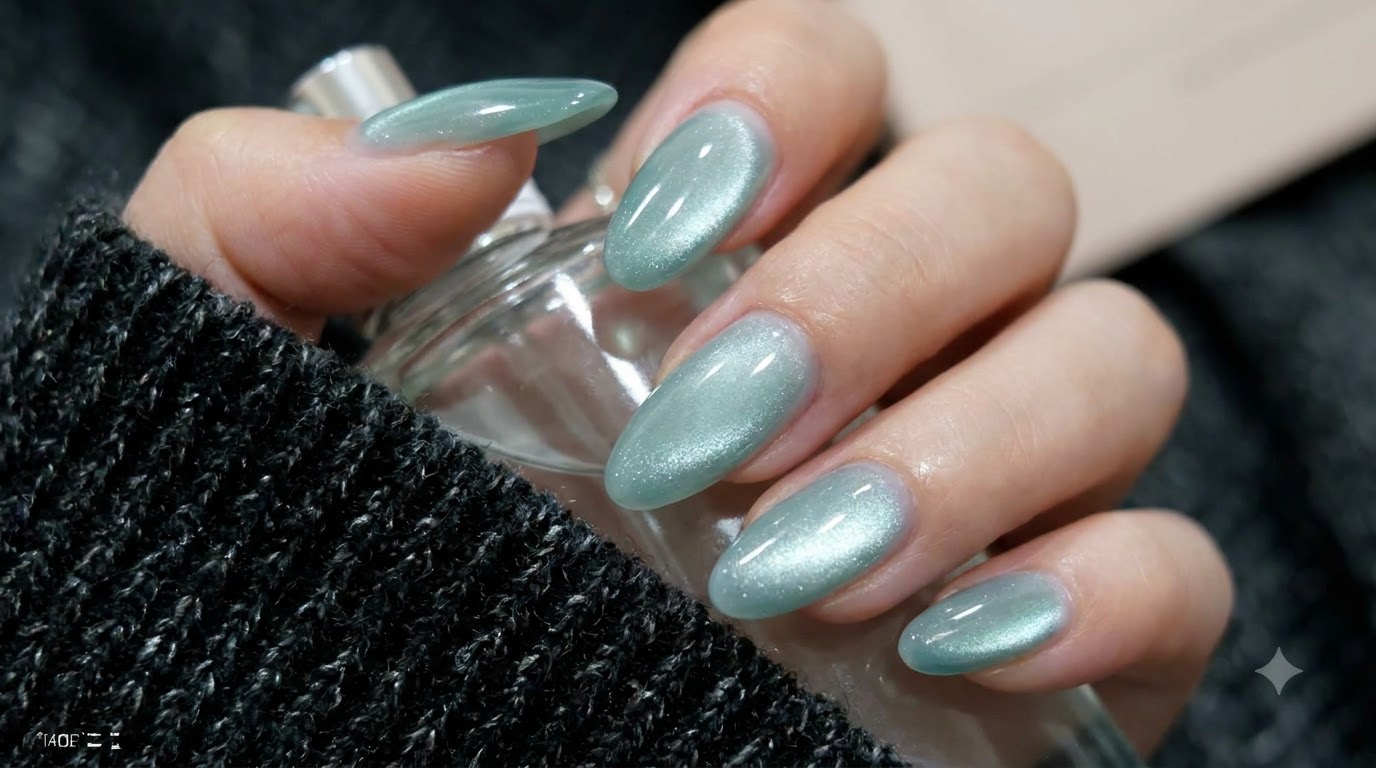 Ongles Verts Cat-Eye Effet Perle de Verre — Tendance Tendance Automne-Hiver