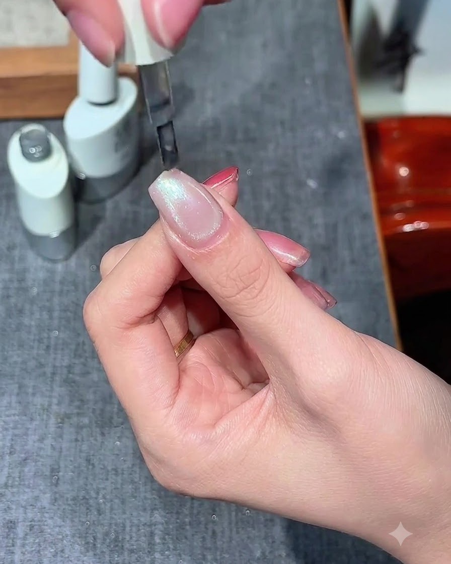 Un pinceau appliquant une couche de gel cat eye transparent par-dessus la base nude catalysée.