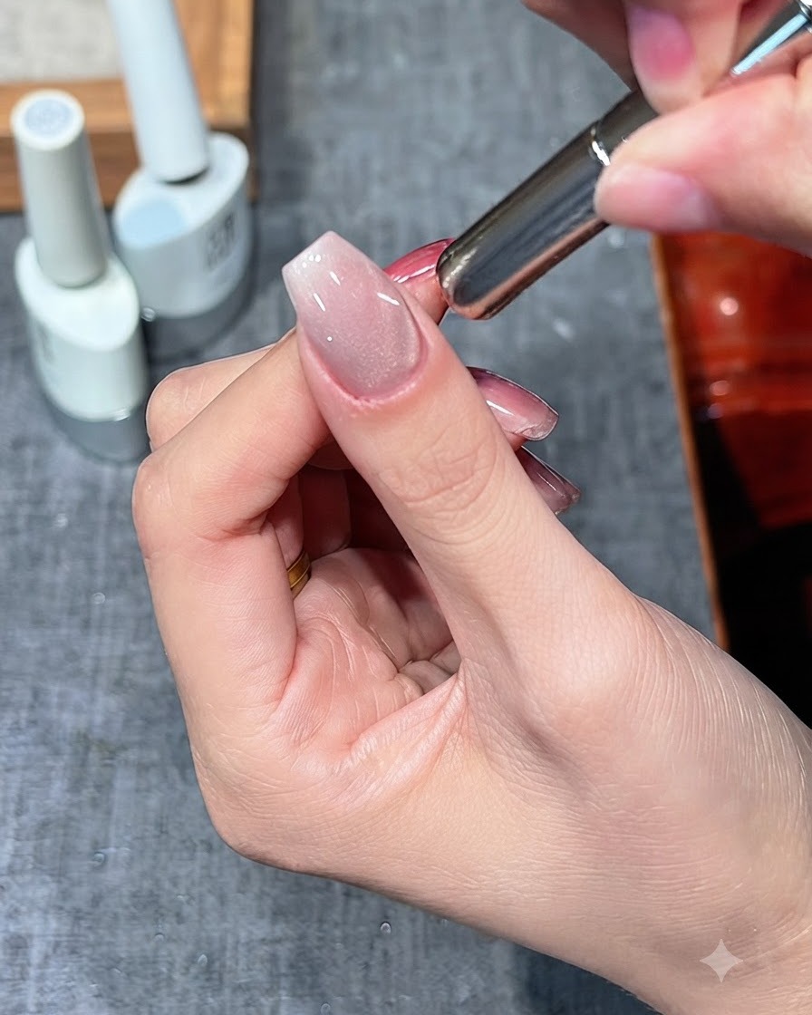 Un bâtonnet aimanté tenu près dun ongle pour déplacer les particules cat eye.