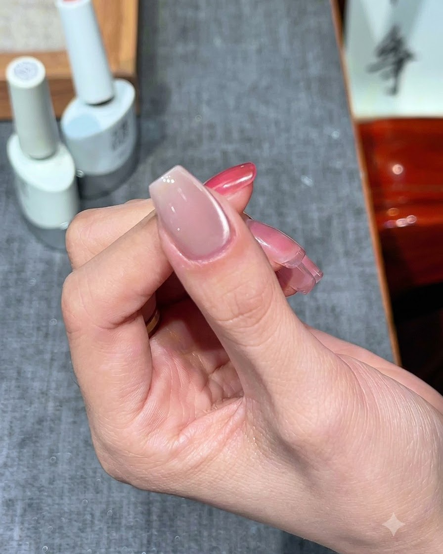 Des ongles en cours de catalysation sous une lampe UV/LED après lapplication cat eye.