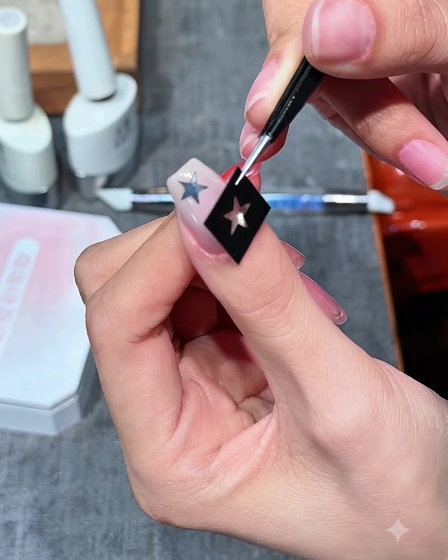 De fines brucelles plaçant un autocollant de contour détoile creuse à côté de létoile existante sur un ongle.