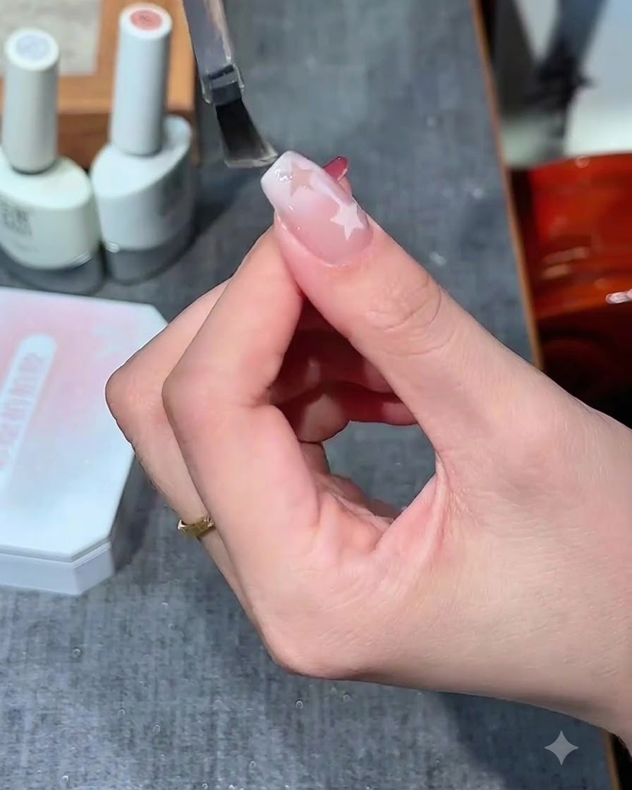 Un pinceau à ongles appliquant un top coat transparent et brillant sur un design dongle à motifs détoiles.