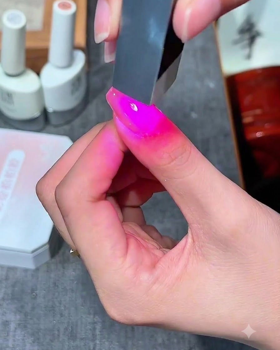 Un onglet illuminé par une lumière UV rose à lintérieur dune lampe de catalysation pour ongles.