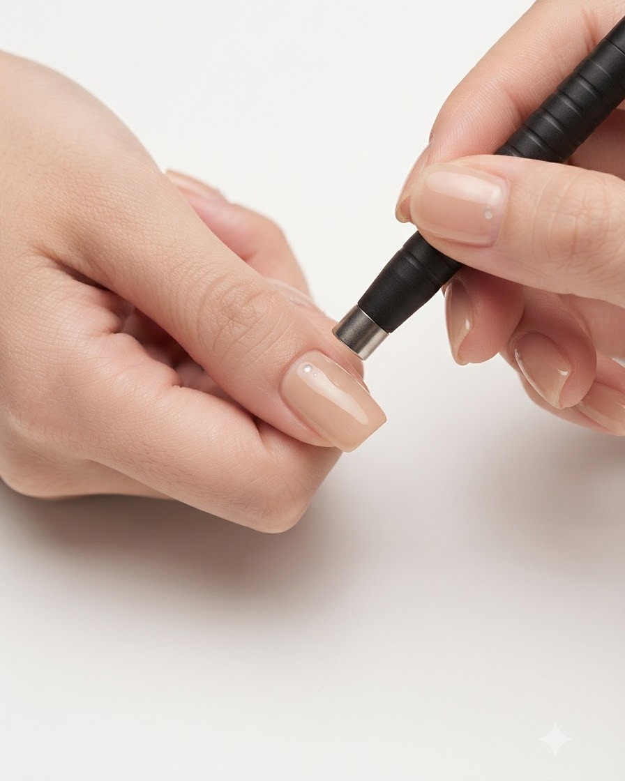 Un outil magnétique noir positionné précisément au-dessus dun ongle manucuré pour affiner le reflet cat-eye.