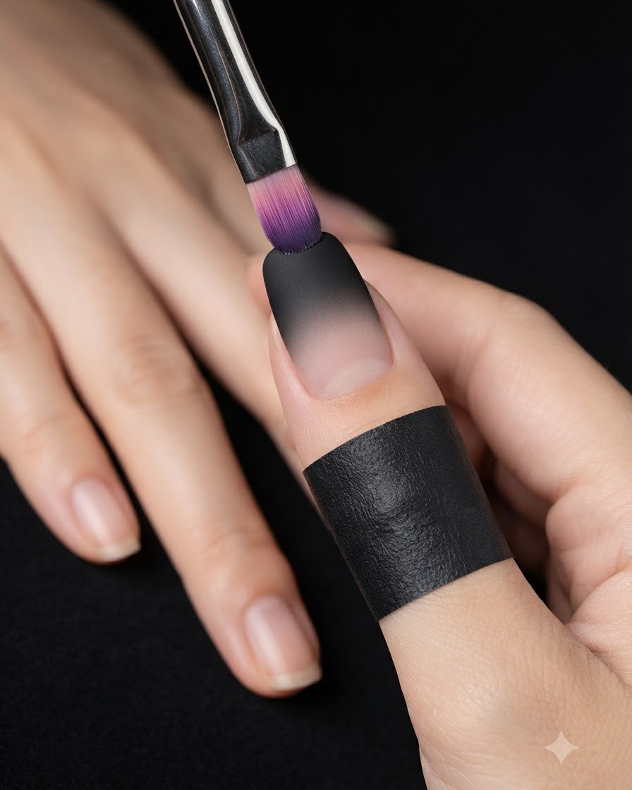 Un outil éponge tamponnant du vernis gel noir sur la partie supérieure dun ongle à la finition mate.
