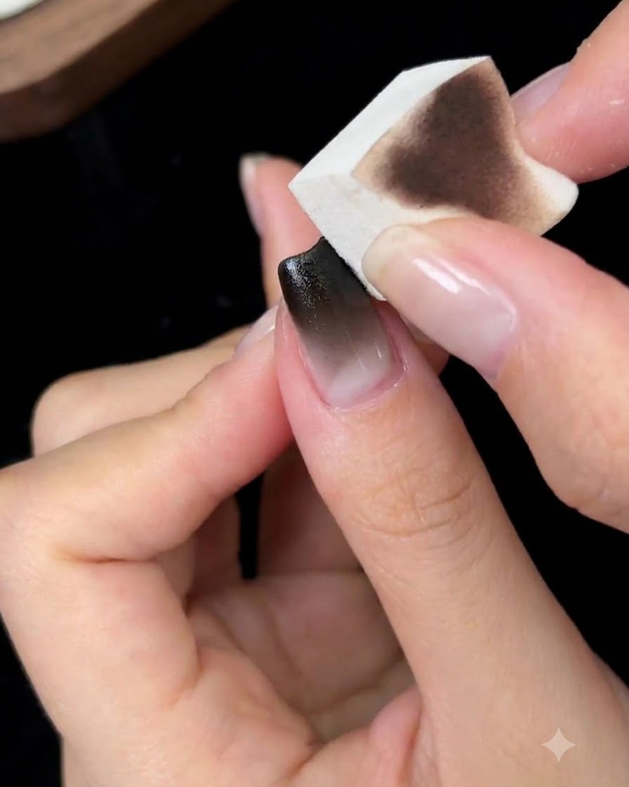 Un outil éponge tamponnant doucement la seconde couche noire pour estomper et lisser le dégradé.