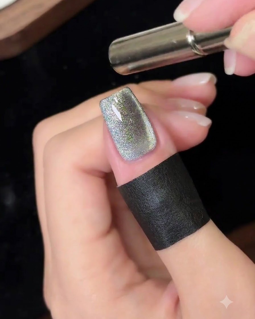 Un bâtonnet aimanté cylindrique tenu près dun ongle en gel cat eye scintillant pour former une large bande.