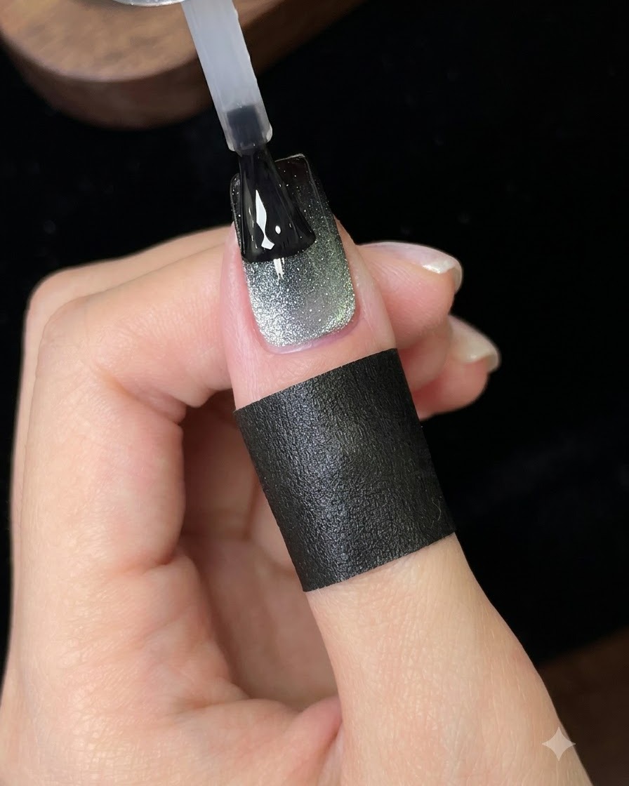 Un pinceau appliquant une couche de top coat brillant finale sur longle cat eye galaxie fini.