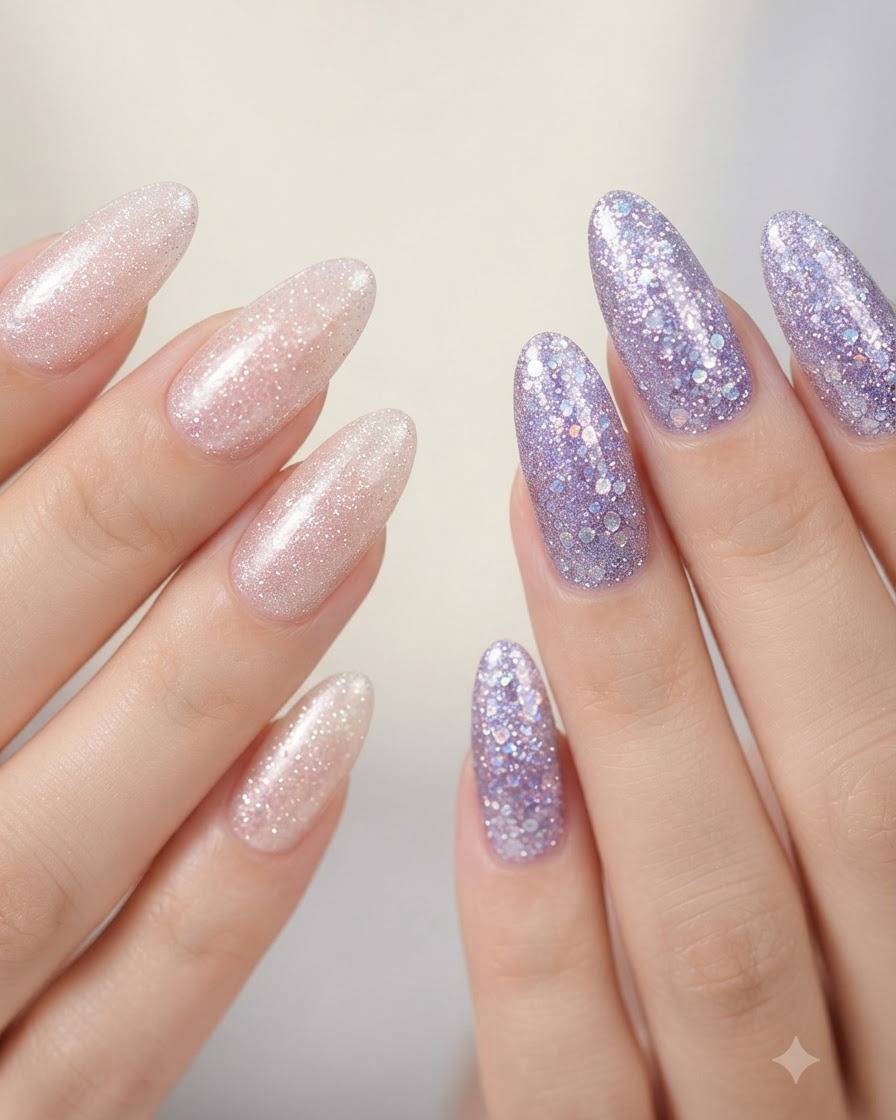 Vue claire des deux mains montrant côte à côte des ongles pailletés rose nude et violet.