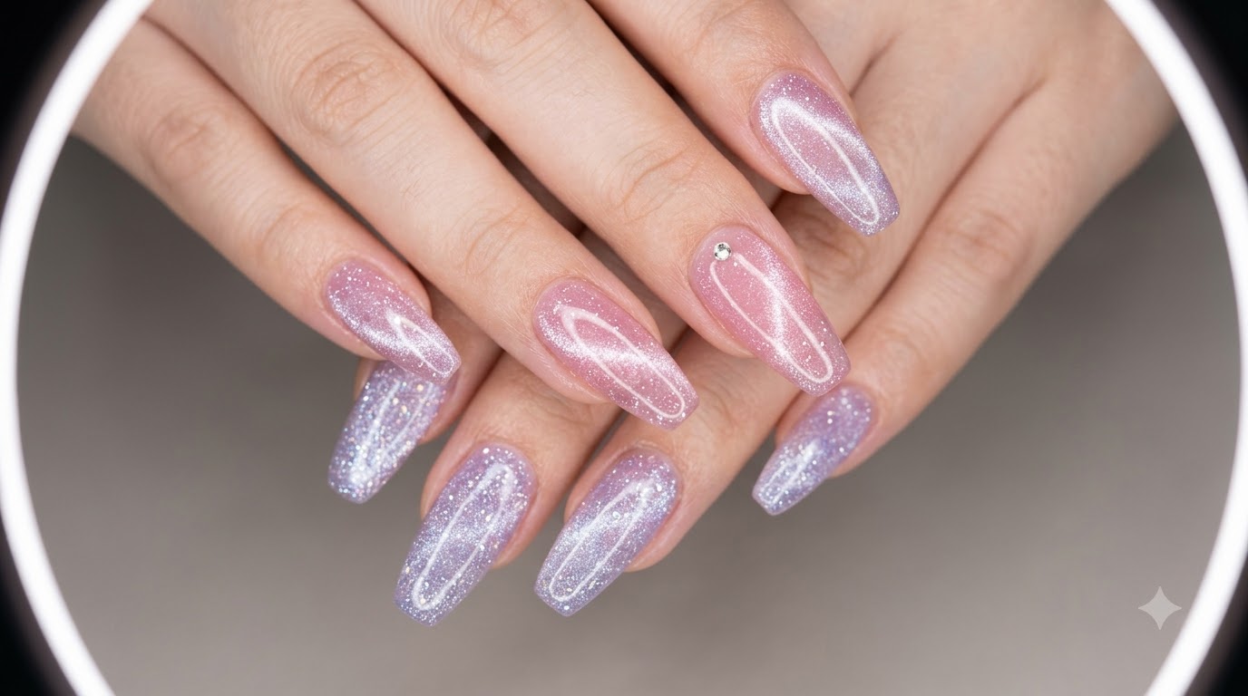 Ongles longs en forme de cercueil ornés dun vernis gel pailleté scintillant rose et lavande avec des effets cat-eye translucides Enoi.