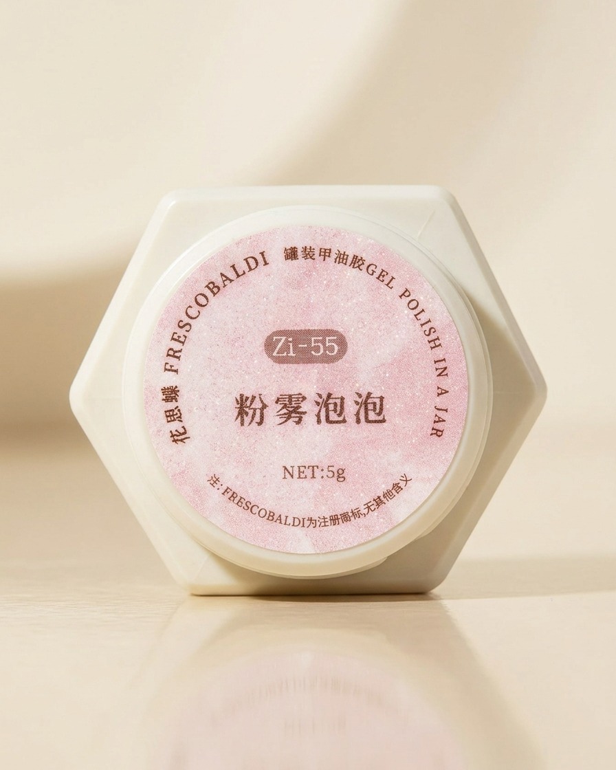 Un gros plan de mains dévissant un pot de vernis en gel scintillant rose et violet sur un fond neutre.