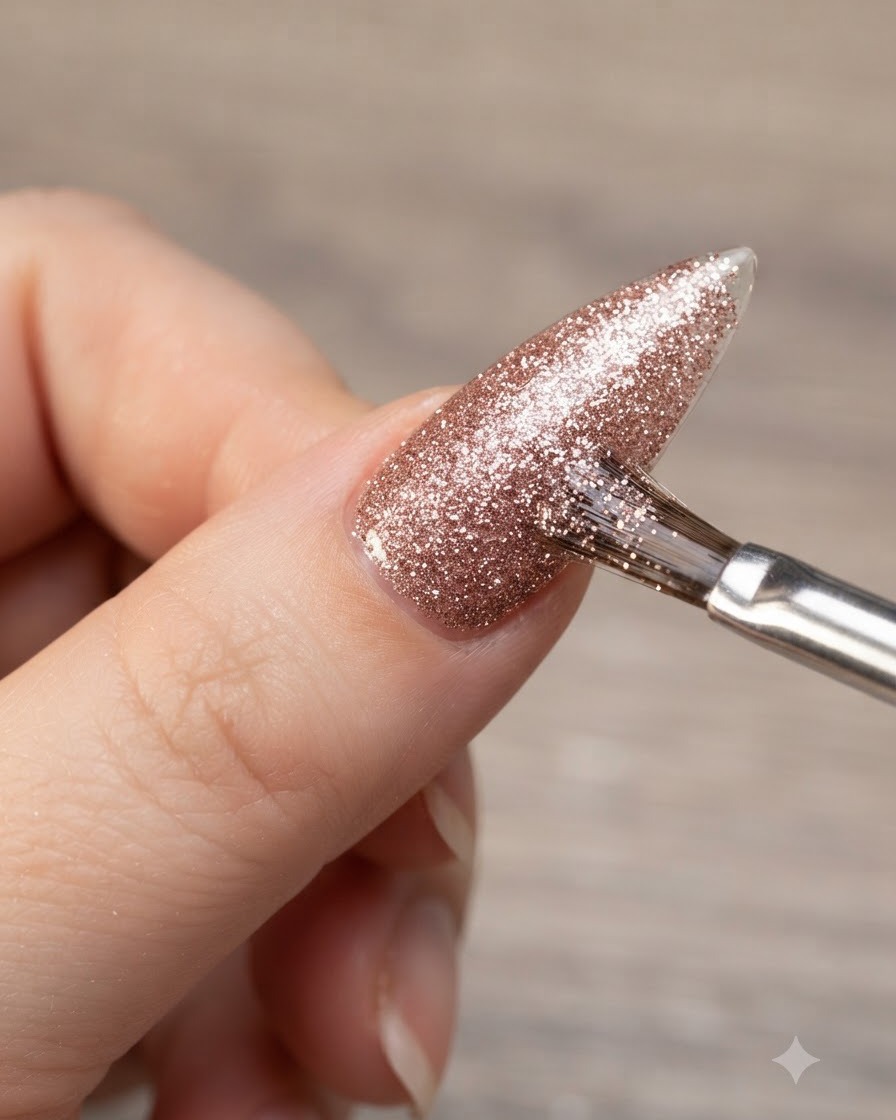 Vue détaillée dun pinceau fin appliquant une couche de gel scintillant sur un présentoir à ongles transparent en forme damande.