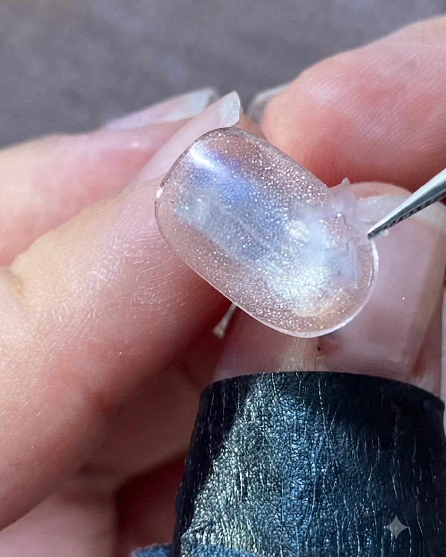 Une pince à épiler positionnant un autocollant étoile holographique brillant au milieu dun ongle décoré.