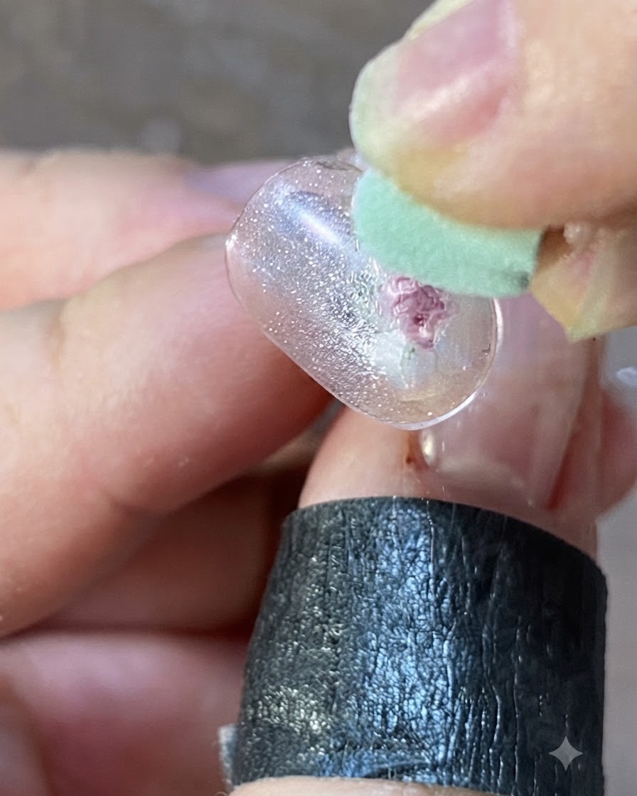 Gros plan dun outil en silicone pressant les détails en gel rose sur la surface transparente dun ongle dentraînement.