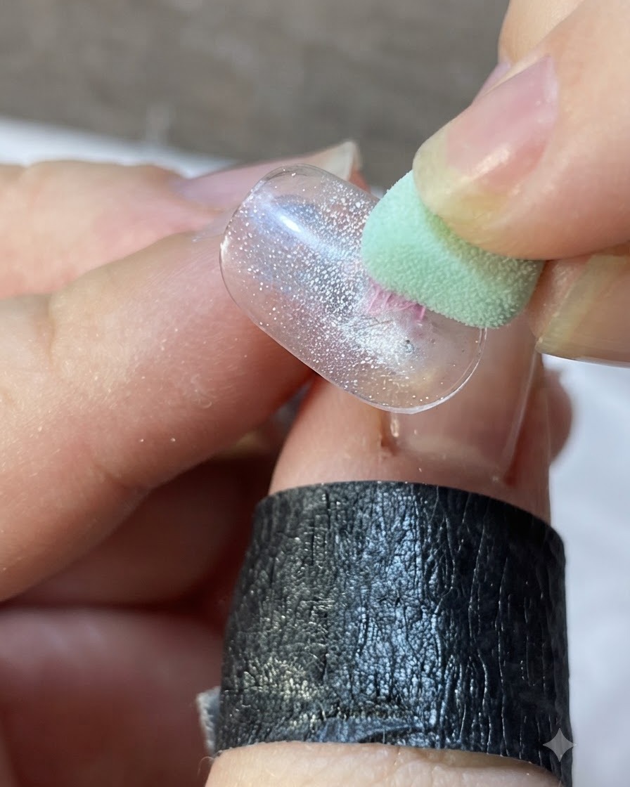 Un pinceau liner fin dessinant de fines lignes roses vers lextérieur à partir dun élément central sur une capsule dongle translucide.