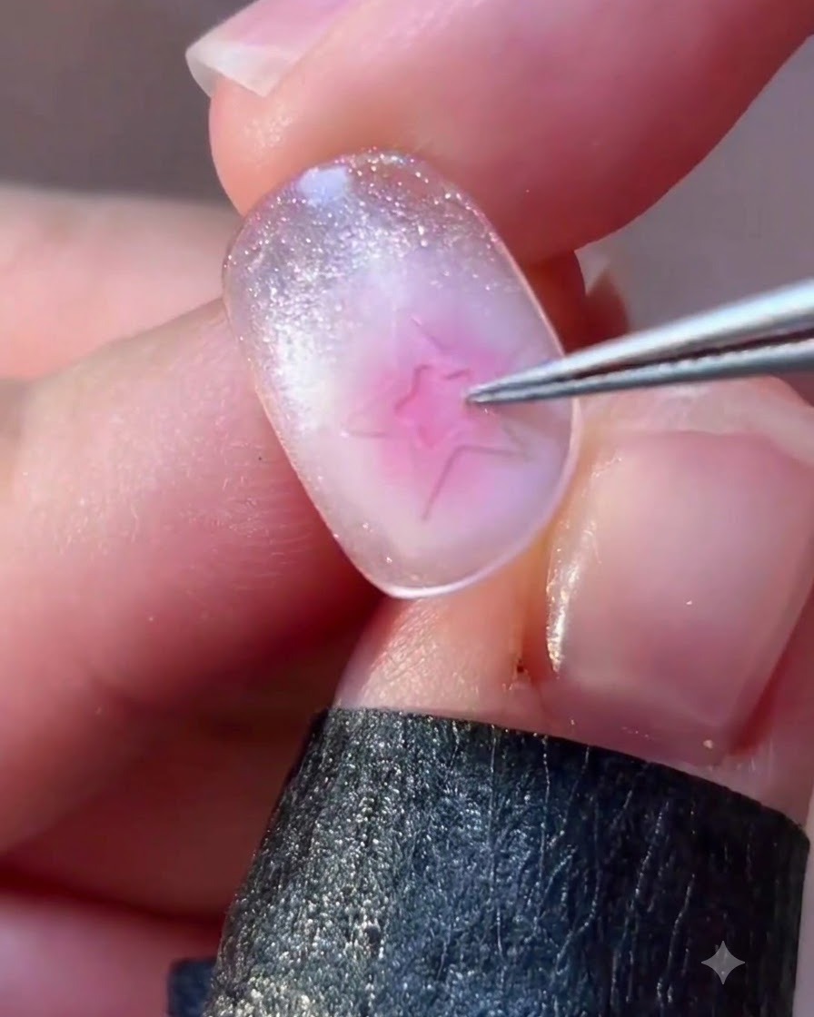 Une pince à épiler ajustant avec précision un élément de nail art en forme détoile sur un doigt manucuré.