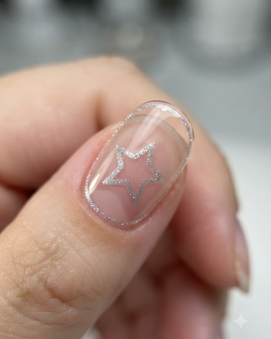Gros plan dun pinceau fin plaçant de petits flocons irisés sur un ongle en gel transparent.