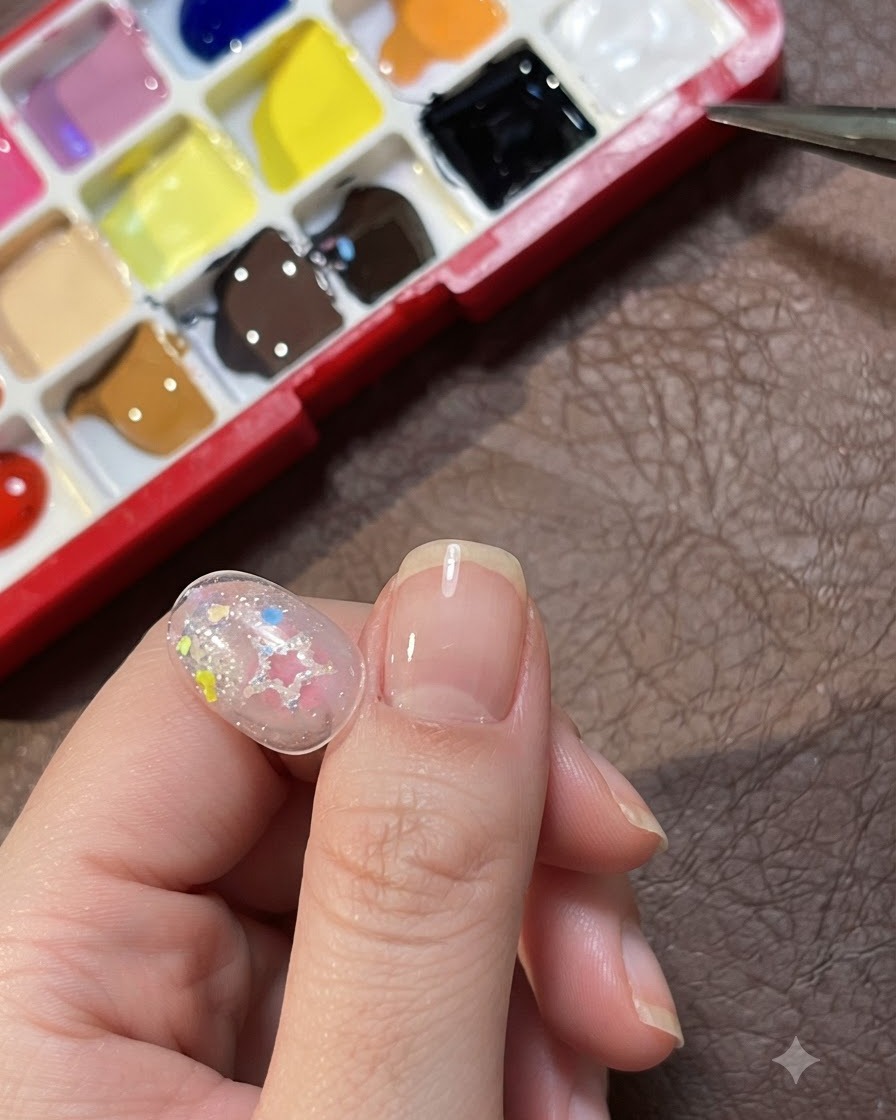 Une palette de peinture multicolore positionnée à côté dune capsule dongle transparente décorée.
