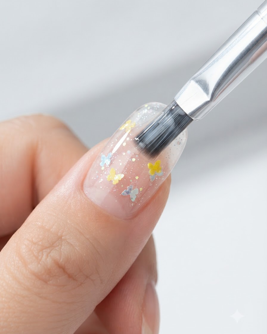 Un pinceau à ongles appliquant une couche de finition lisse sur un motif dongle avec étoile et papillon.