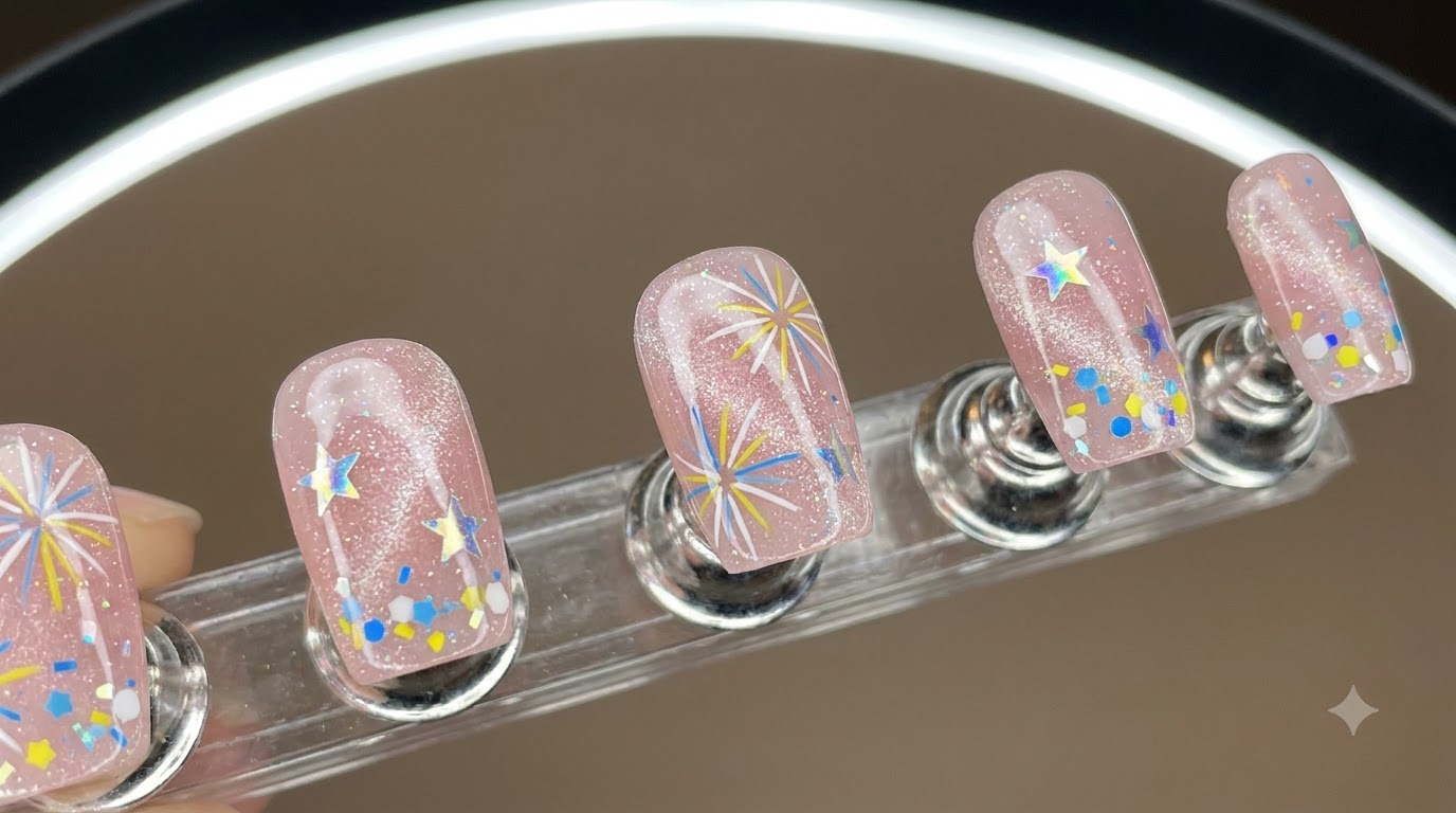Ongles courts et carrés avec une base rose laiteux translucide, un chatoiement cat-eye, des autocollants étoiles, des flocons de confettis colorés et de délicats détails de feux dartifice peints à la maincite: 1.