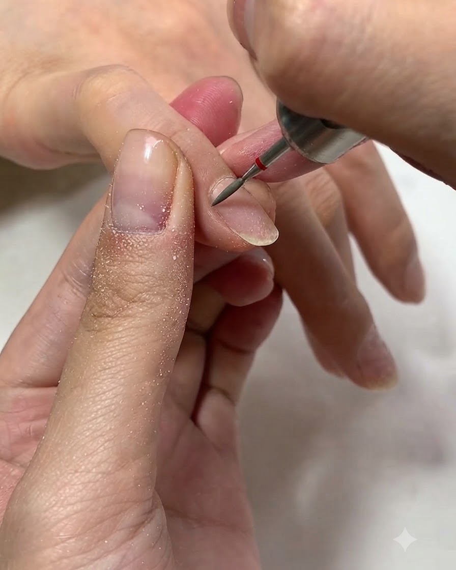 Gros plan sur une ponceuse à ongles électrique munie dun embout en céramique qui nettoie délicatement le contour de la cuticule dun ongle naturel.