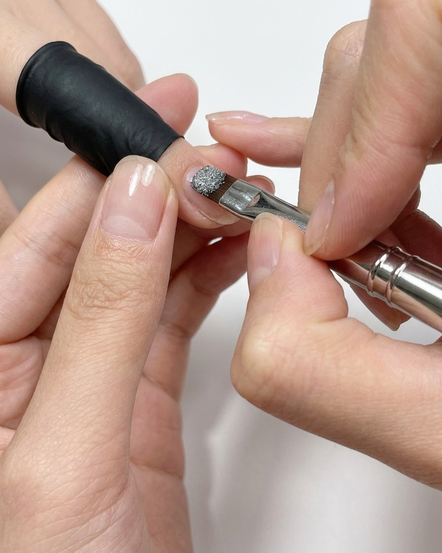 Un pinceau à ongles appliquant un gel œil de chat scintillant sur un ongle.