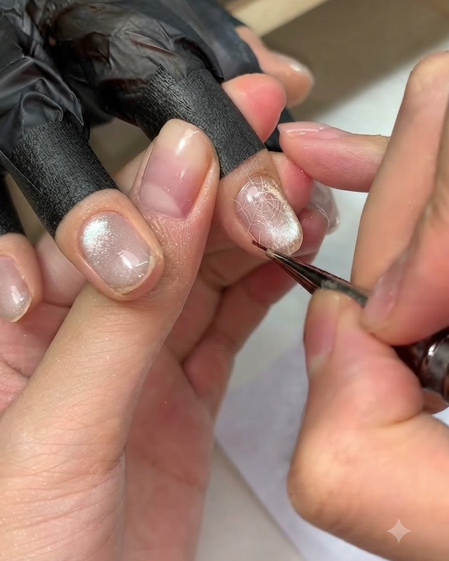 Un pinceau fin dessinant de de fines toiles de gel transparent sur un ongle œil de chat.